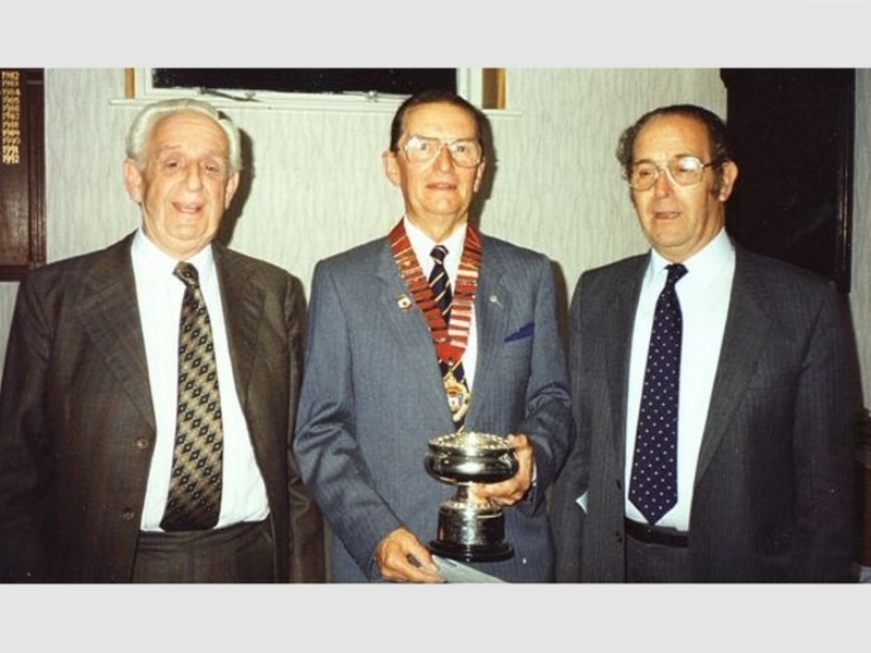 Bill Davies (cntr), President South Glamorgan Bowling Association 1993, with Frank Birch (rt) and Mel Beacham